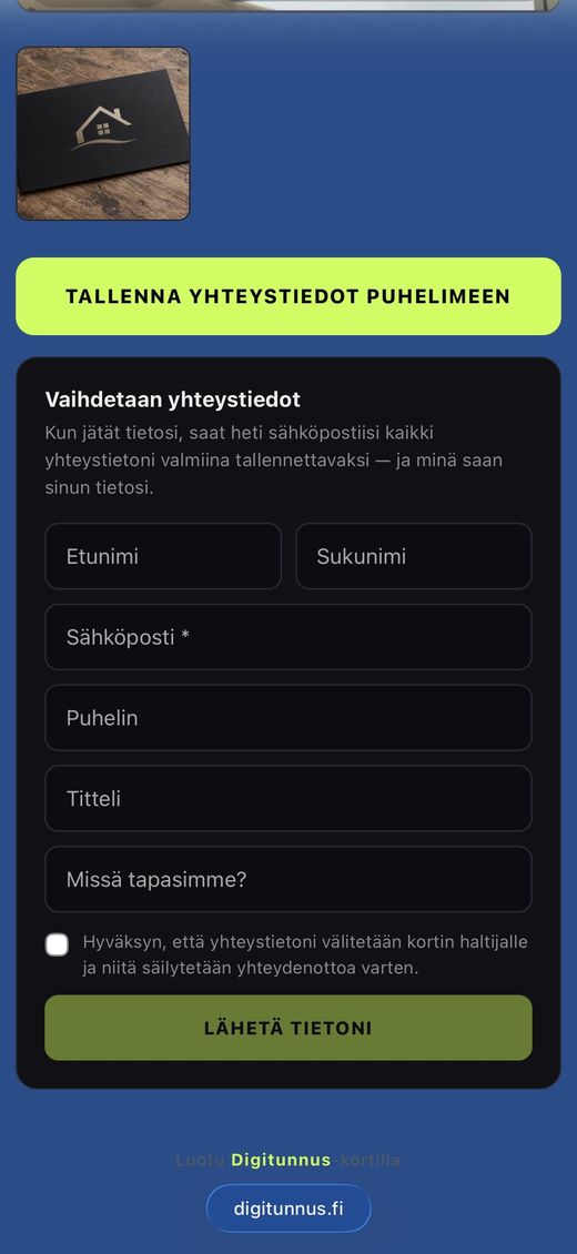 Yhteystietojen vaihtolomake profiilisivulla